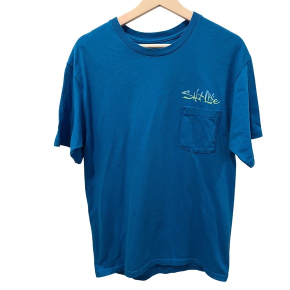 Salt Life Men's T-Shirt Graphic Blue Pocket Hook Line Sinker Fishing L - Picture 1 of 8